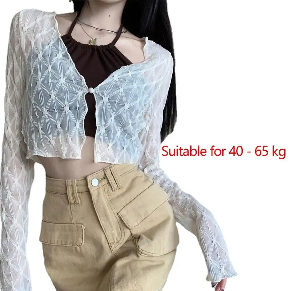 Diy fino cardigans à prova de sol novo fino cor sólida camisolas casual manga longa curto topo verão — image 7