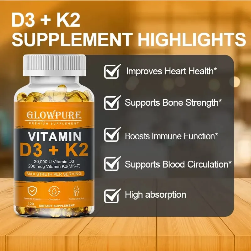 Cápsula de vitaminas D3 K2 para absorção de cálcio nas articulações dos ossos, sistema imunológico cardiovascular, suplemento diário de saúde