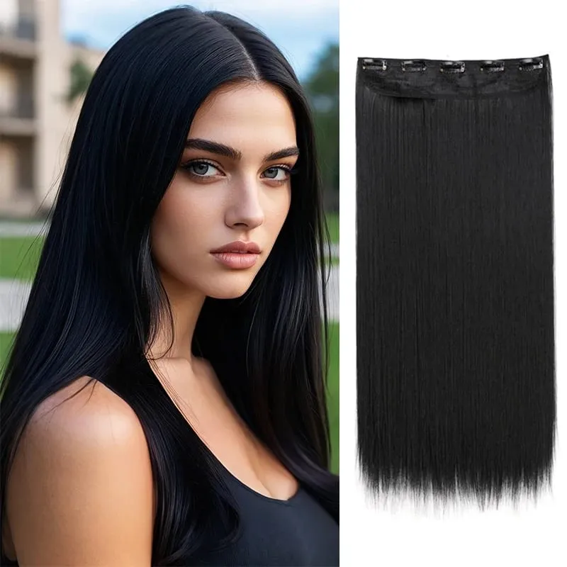 Extensões de cabelo invisíveis sintéticas de 5 clipes de uma peça longa e reta 24 polegadas resistente ao calor para mulheres