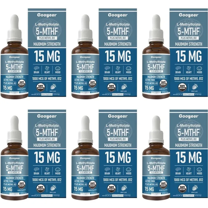 Googeer L-Metilfolato 5-MTHF Gotas Líquidas com Metil B12 15mg 1000mcg Força Máxima Coração Cérebro Humor Suporte 60ml