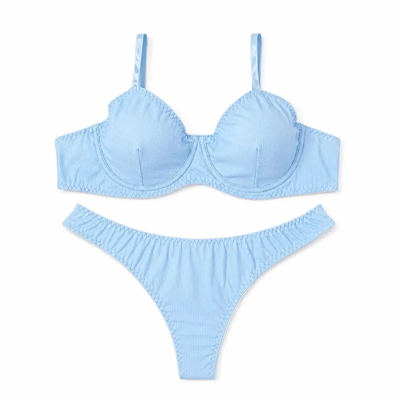 Women Solid Ribbed Lingerie Set Underwire Thin Cup Bra Matching Low Rise Thong Soft Daily Intimates