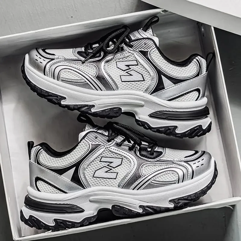 Men's Retro Chunky Dad Sneakers | Metallic Silver Platform Running Shoes