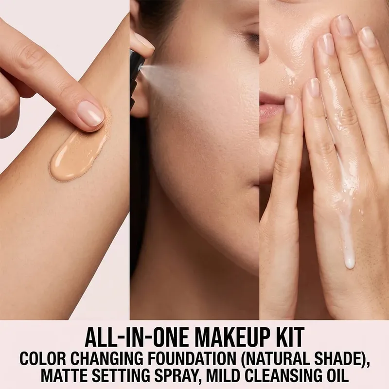 Kit de maquiagem 3 em 1, óleo de limpeza, base em spray, fosco, longa duração, hidratante suave, acabamento natural, conjunto diário