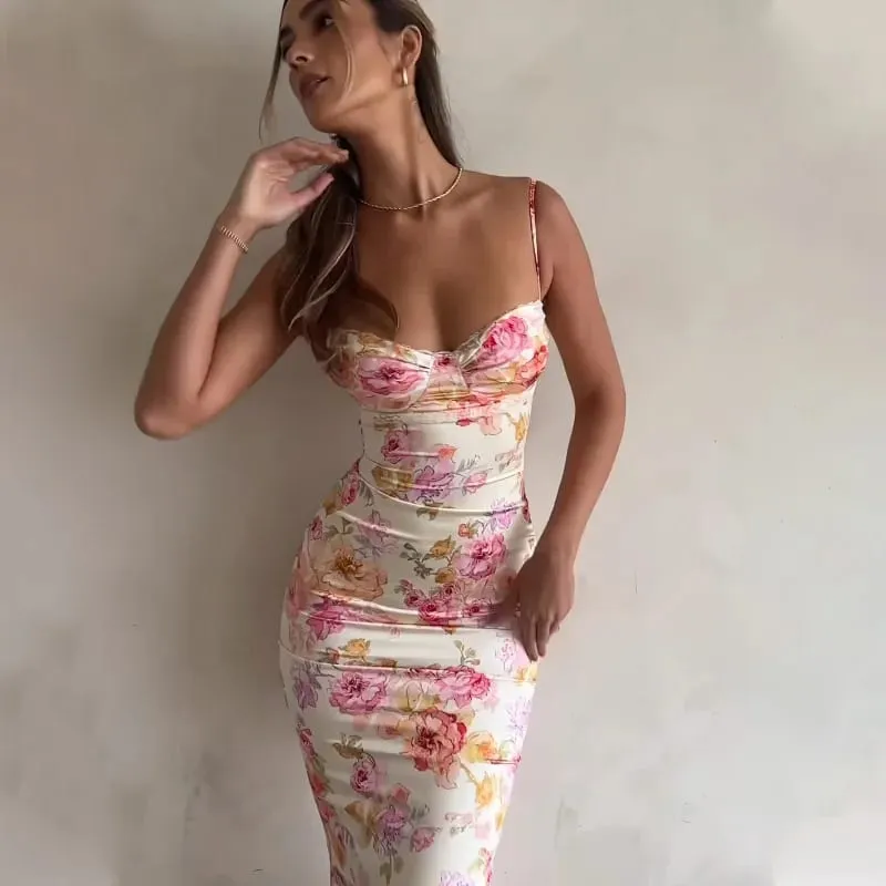 Novo floral suspender split magro sem mangas patry praia estilo espaguete cinta vestido roupas femininas mini vestido 2024 verão