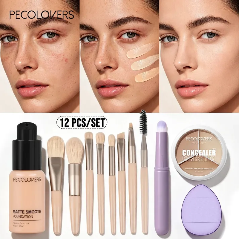 12PCS Face Set Liquid Foundation+concealer+multiple Makeup Tools Uniform Makeup Waterproof and Durable Facial Cosmetics