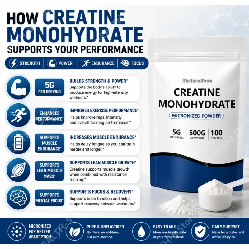 Creatina monohidratada em pó micronizada 500g 100 porções 5g colher suplemento de nutrição esportiva para homens e mulheres