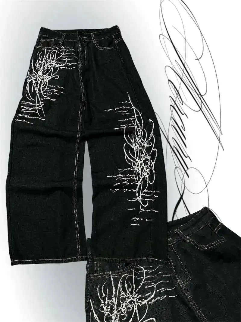 Y2K Vintage Gótico High Street Denim Preto Lavado Gradiente Espinha Aranha Lírio Estampa Jeans Perna Larga