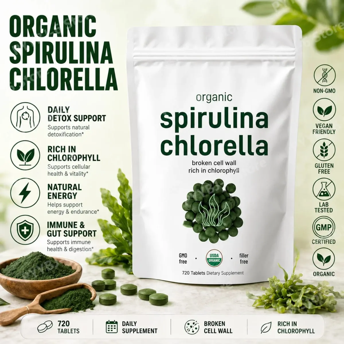 Comprimidos orgânicos de Spirulina Chlorella 3000mg Mistura de superalimento de 720 contagens com proteína vegana, energia, imunidade, suporte digestivo — image 1