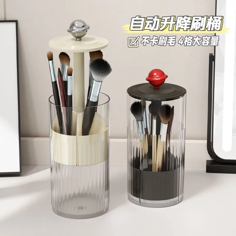 Suporte de pincel de maquiagem de levantamento automático à prova de poeira organizador de cosméticos de luxo recipiente de armazenamento de mesa pincéis de maquiagem suporte de canetas