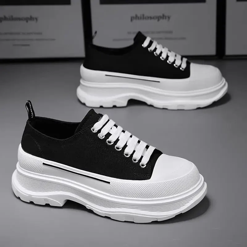 Lona masculina verão respirável plataforma aumentou muffin tênis 2025 novo pano de outono casual pai sapatos na moda