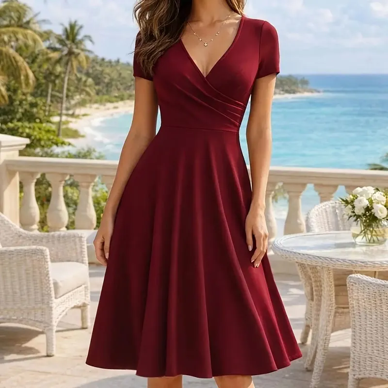 Feminino elegante em torno do pescoço verão manga curta sólido a linha na altura do joelho vestido de cintura alta swagger festa de casamento casual partida