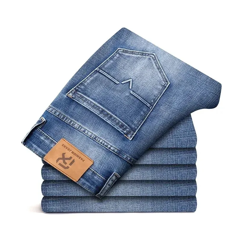 2026 Regular Fit Jeans Classic Style Spring Summer New Men's Light Blue Stretch Denim Fabric Pants Male Brand