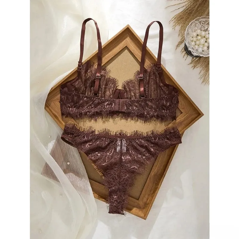 Conjunto de sutiã e calcinha de renda fina estilo básico feminino sem costura camada única roupa íntima confortável