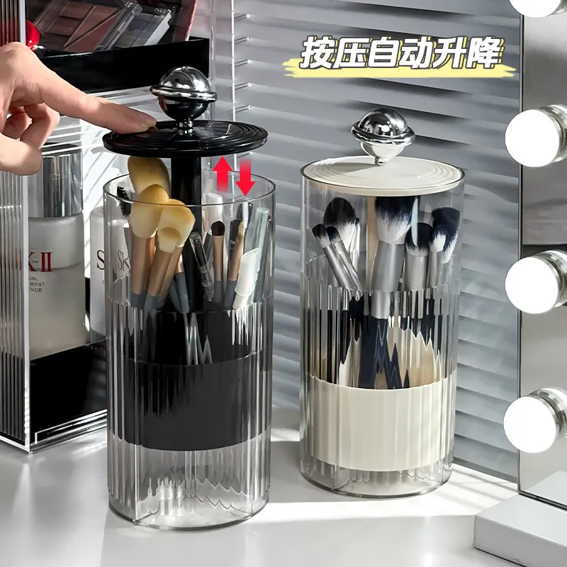 Suporte de pincel de maquiagem de levantamento automático à prova de poeira organizador de cosméticos de luxo recipiente de armazenamento de mesa pincéis de maquiagem suporte de canetas