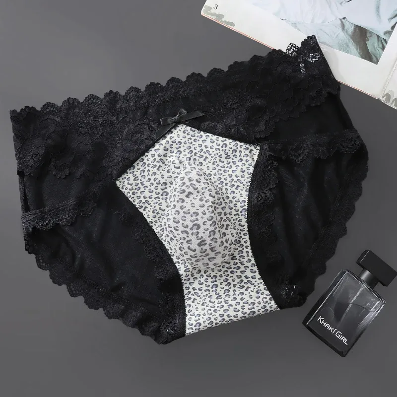 Cuecas masculinas forquilha alta borda de renda leopardo impresso roupa interior de seda gelo calcinha de secagem rápida sissy lingerie ver através de cuecas