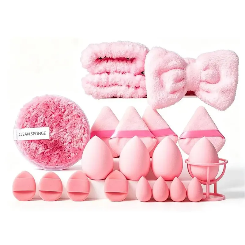 20 pçs conjunto de esponja de maquiagem liquidificador triângulo pó puff mini corretivo esponja rosto limpo lavagem puff bandana kit