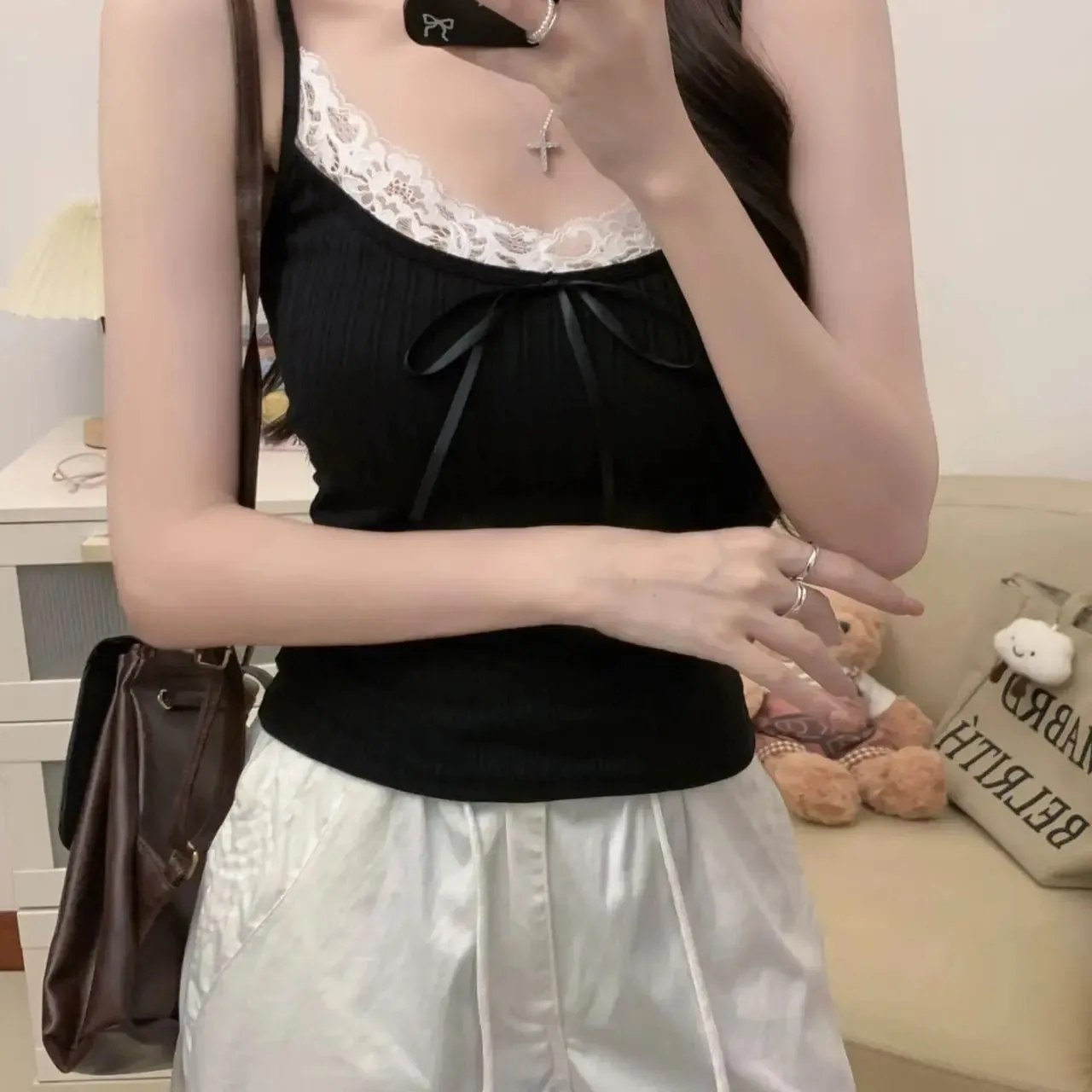 Sexy Patchwork Lace Trim Camis Top Sweet Casual Slim Solid V-Neck Sleeveless Cute Tank Tops Women 2025 Summer Streetwear Lady
