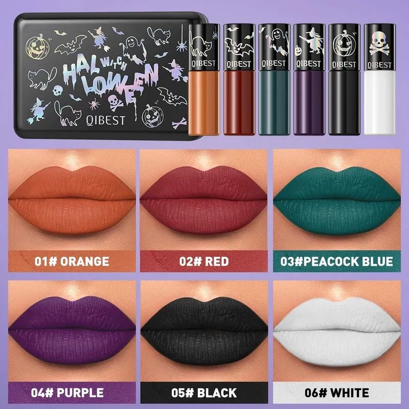 Halloween batom líquido conjuntos de maquiagem à prova dwaterproof água batom fosco vermelho preto laranja roxo lábio mancha matiz cosméticos duradouros