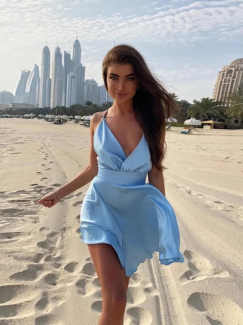Verão sexy 2000s europeu e americano cor sólida com decote em v arco high street estilo vintage emo cinta vestido cinta a linha curto dres — image 5