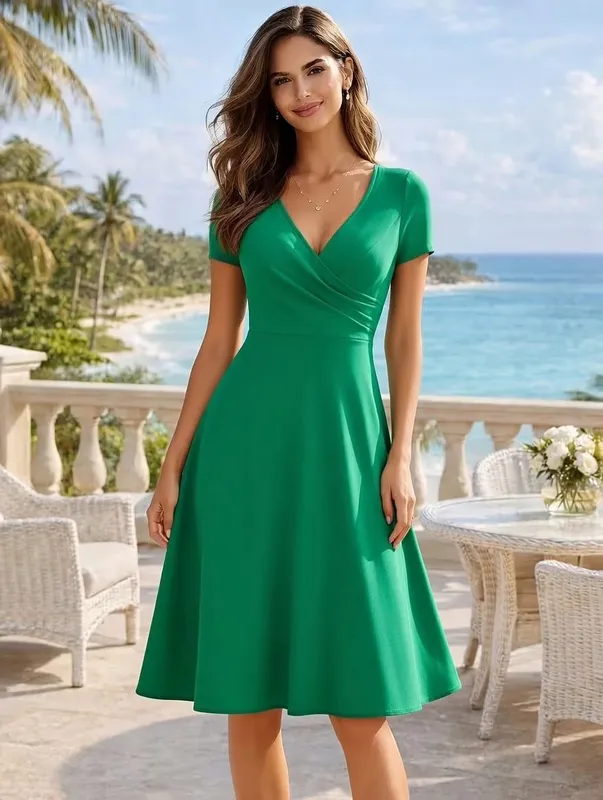Feminino elegante em torno do pescoço verão manga curta sólido a linha na altura do joelho vestido de cintura alta swagger festa de casamento casual partida