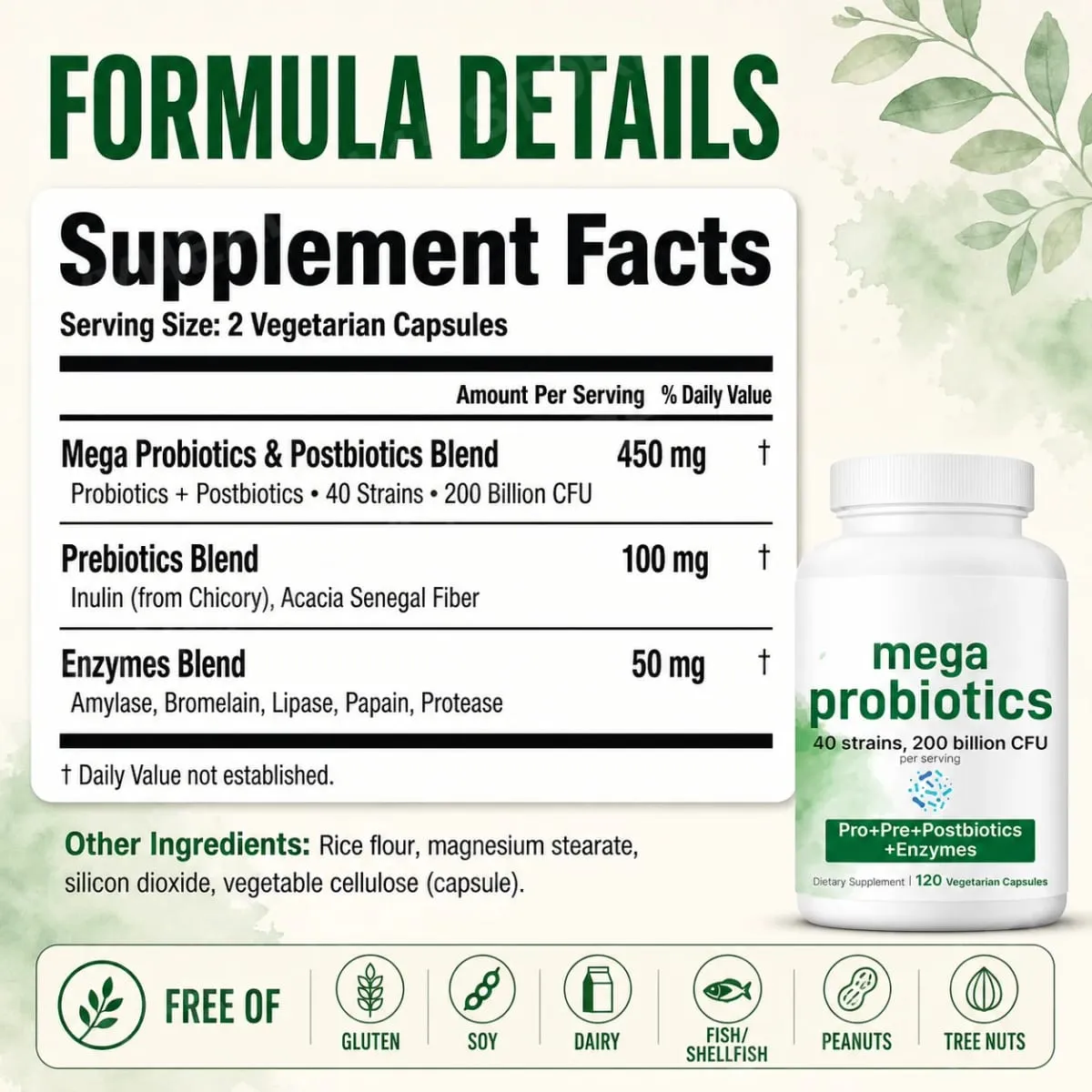 Cápsulas de probióticos 200 bilhões de UFC 40 cepas prebióticos enzimas digestivas suplemento de saúde intestinal 120 cápsulas vegetais homens mulheres