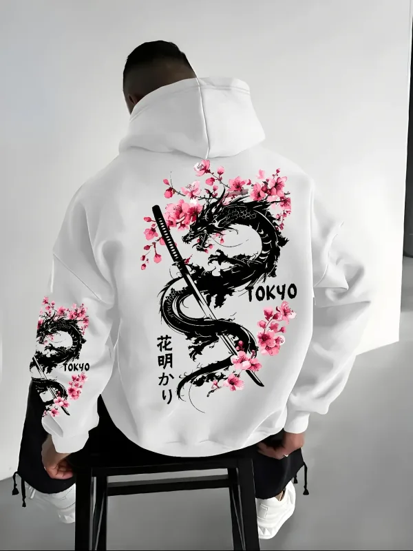 Men's anime-style dragon-patterned cherry blossom print hooded pullover for winter warmth loose and casual style