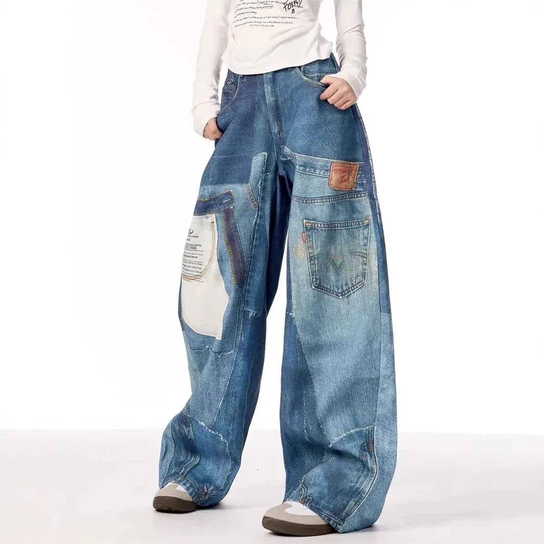 2025 American High Street Retro Design Patch Splicing Printed Jeans Men's and Women's Loose Straight Wide-leg Trousers