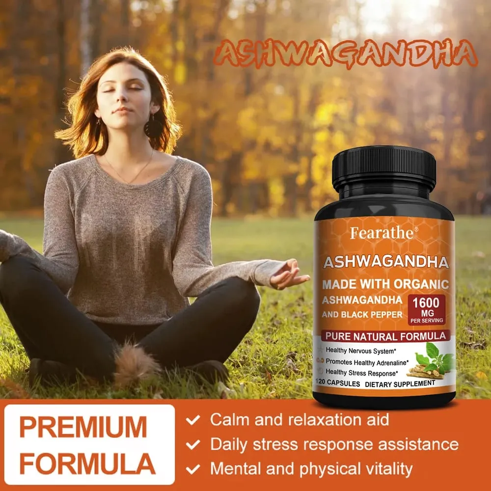 Cápsulas de extrato de Ashwagandha - Pimenta preta, suporte para alívio do estresse, humor, sono, função cerebral, recuperação muscular e saúde imunológica