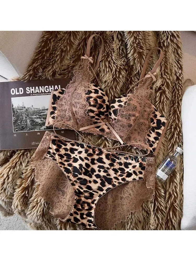 Conjunto de lingerie feminina leopardo renda 32-38ab sem fio push up sutiã lateral suporte de peito anti-sag sexy puro desejo roupa interior — image 5