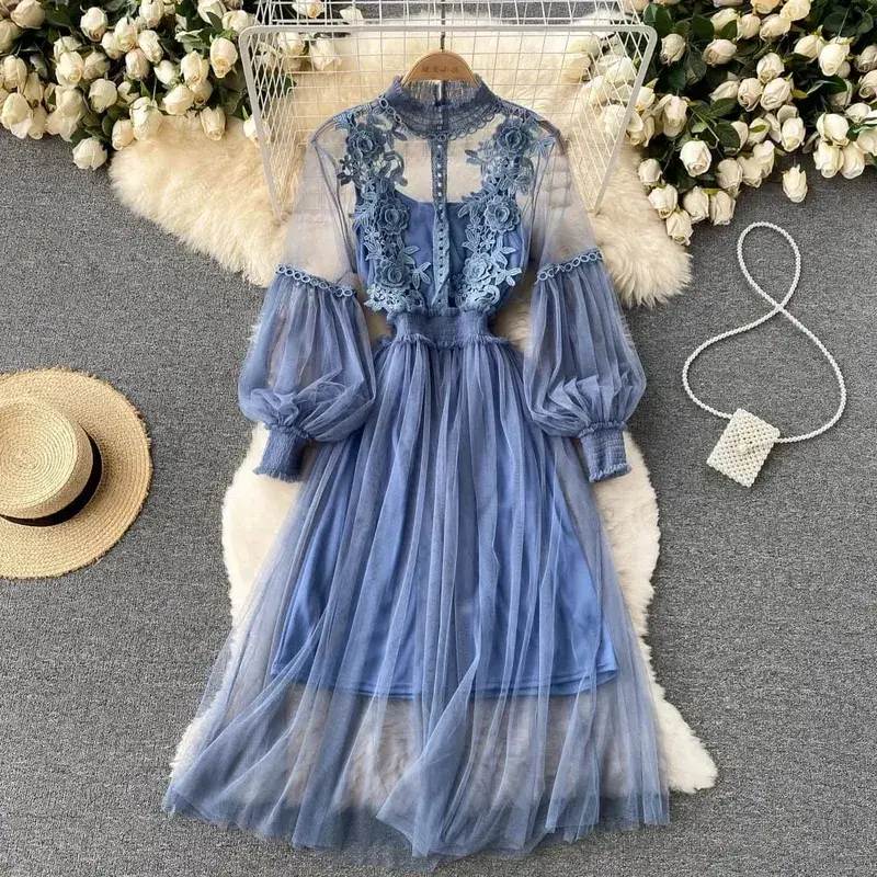 Senhoras vestido tridimensional flor gancho malha temperamento gola lanterna manga cintura alta magro vestidos femininos