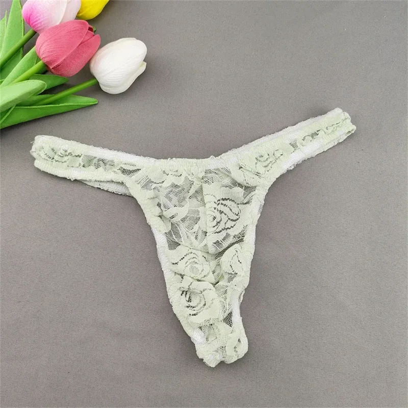 Lace Floral Sexy Men's Underwear Solid Hollow Perspective Thong Comfort Bugle Enhance Sissy G-String Gay Low Rise T-back Panties