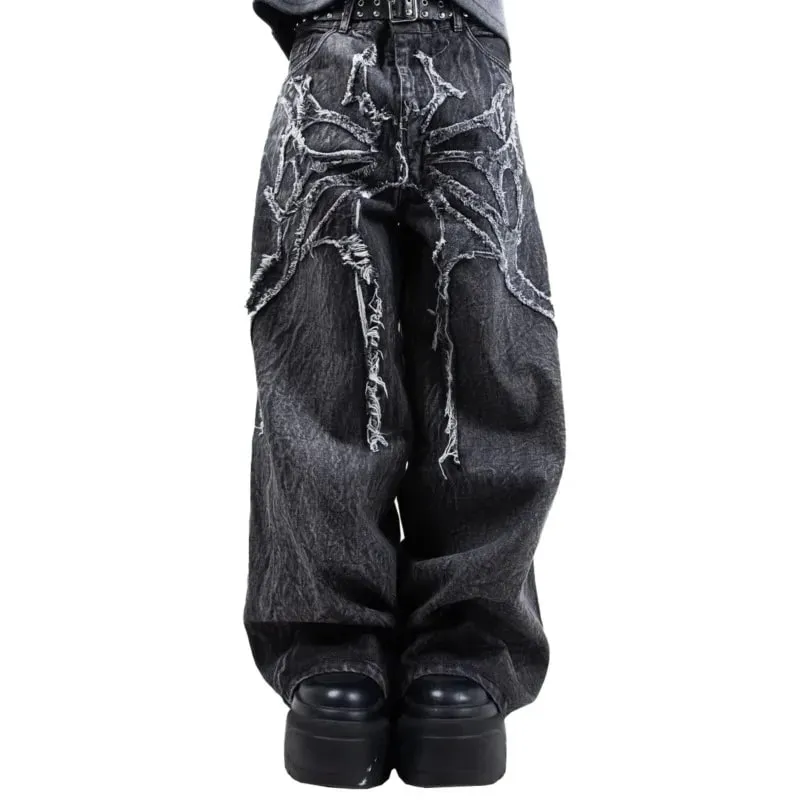 Y2k retro oversized baggy unissex esfregar calças fantasma jeans homens alta rua aranha bordado remendo hip hop streetwear gótico