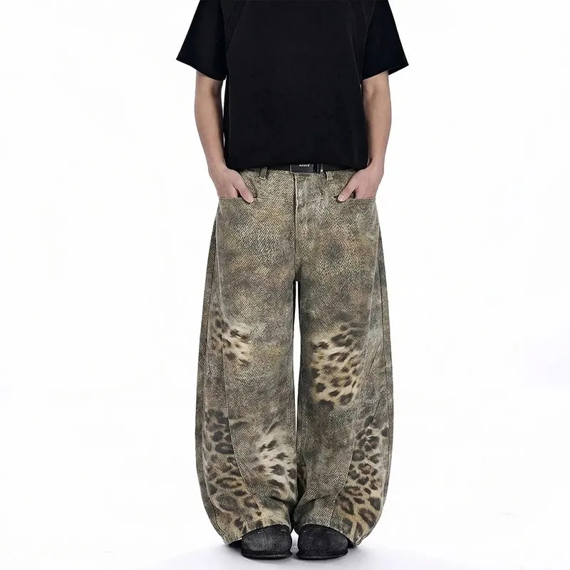 Calça jeans masculina vanguardista com estampa de leopardo, perna larga, larga, solta, casual, calça comprida 9x2894