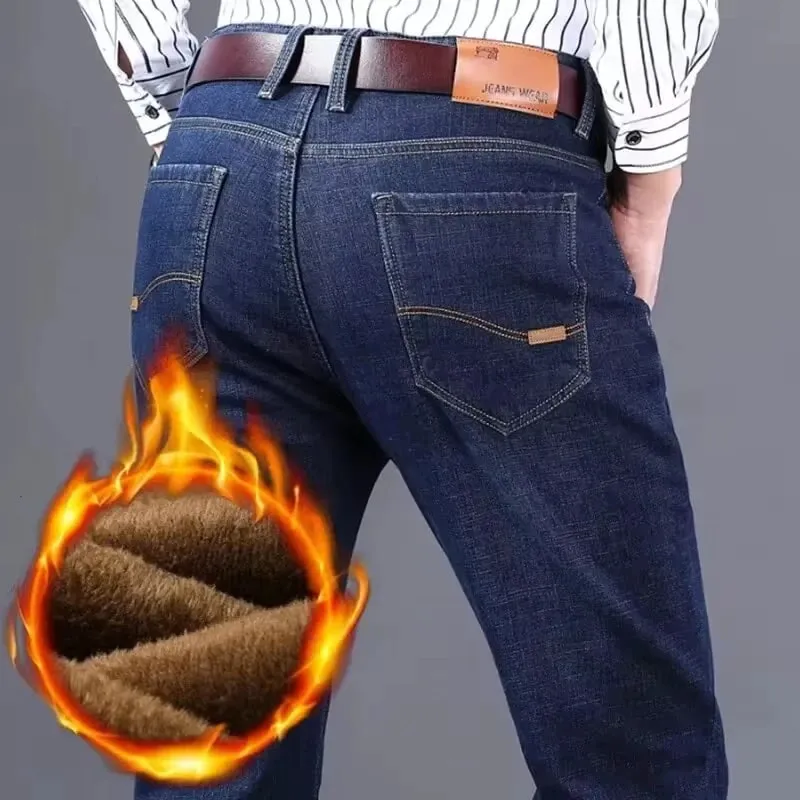 Calça jeans masculina refletiva com forro de lã – forro grosso e quente, jeans durável e acabamento reflexivo, seguro para viagens noturnas de inverno e casual