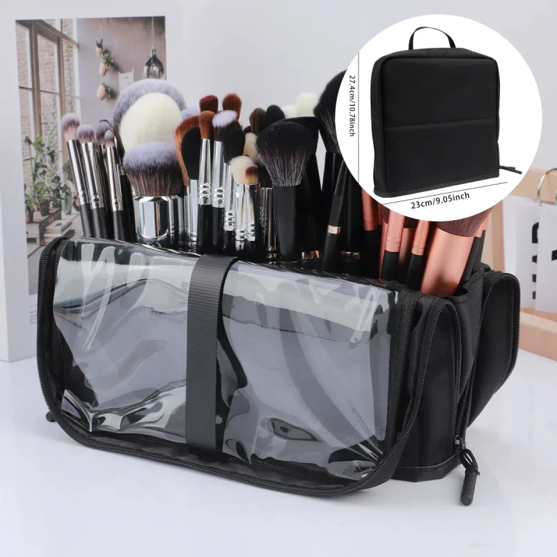 Grande bolsa de maquiagem dobrável preta, organizador de armazenamento de 14-40 furos para pincéis de beleza, bolsa cosmética com alças