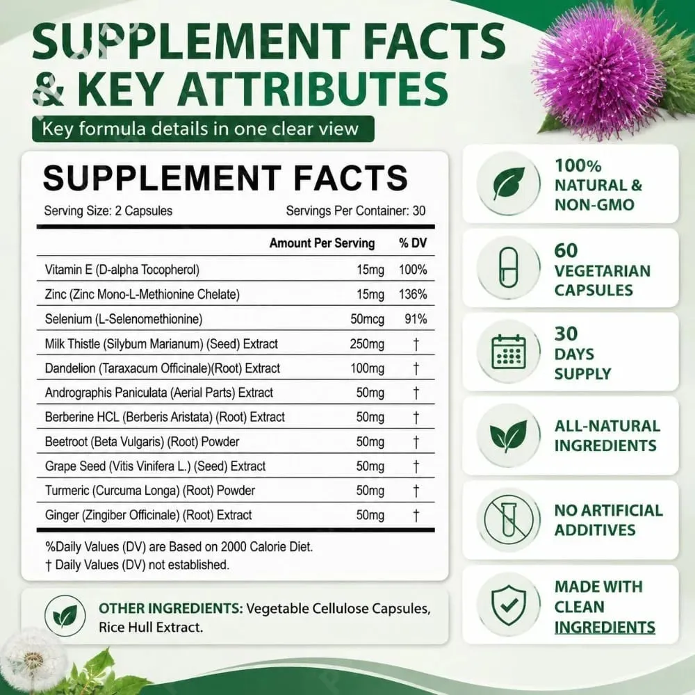 Acentialabs 肝臟清潔排毒膠囊含蒲公英水飛薊萃取物促進肝臟消化健康支持 60 粒膠囊