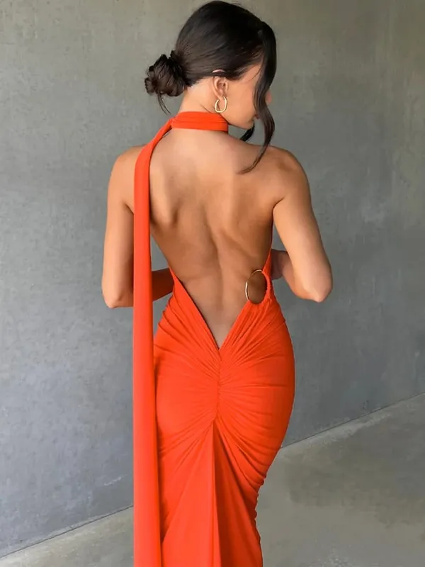 Hugcitar um ombro sem costas ajustável cachecol laço ruched sexy maxi vestido 2025 feminino elegante y2k streetwear festival outfit