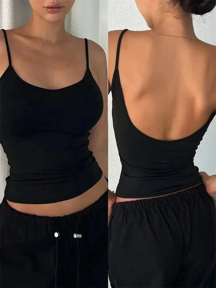 Mulheres sem costas cami colheita topo verão cor sólida casual sem mangas topo streetwear y2k roupas
