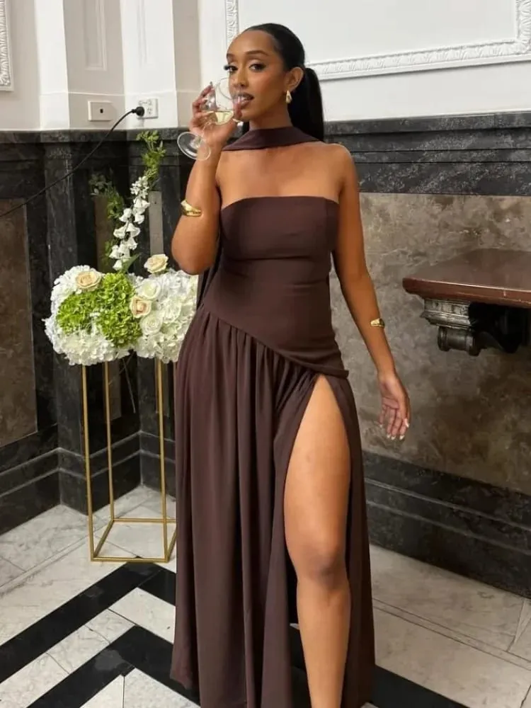 Vestido longo com emenda de malha amarela manteiga, elegante, sem alças, divisão, costas nuas, plissado, para mulheres, 2026, vestidos de festa à noite
