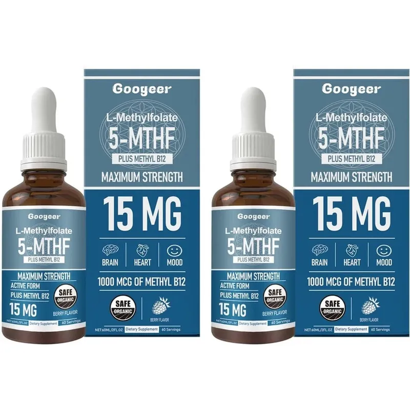 Googeer L-Metilfolato 5-MTHF Gotas Líquidas com Metil B12 15mg 1000mcg Força Máxima Coração Cérebro Humor Suporte 60ml