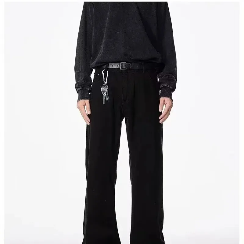 American basic washed black micro flared jeans men's stretch straight leg solid color slim fit straight leg versatile pants