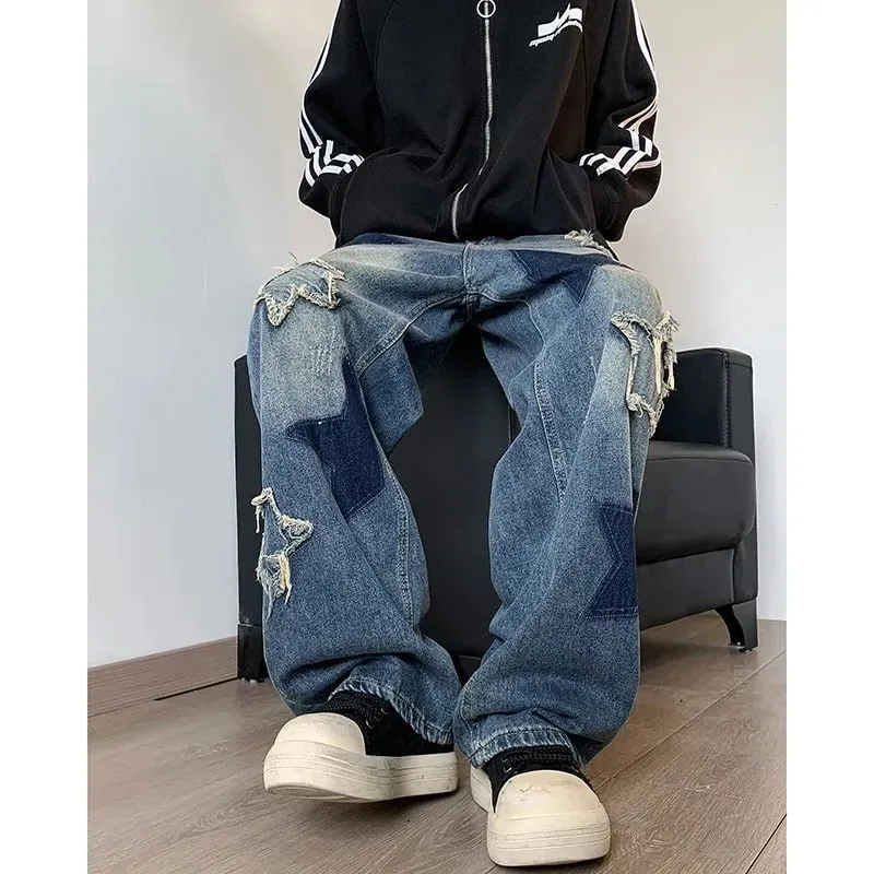 牛仔褲男直筒星星刺繡拼裝秋季牛仔褲Uomo闊腿嘻哈時尚青年中性街頭牛仔長褲