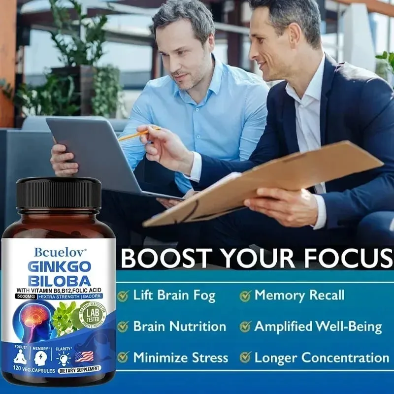 Ginkgo Biloba 5000 mg Força Extra - Suporta Função Cerebral e Foco na Memória Alívio do Estresse 120 Cápsulas Vegetais