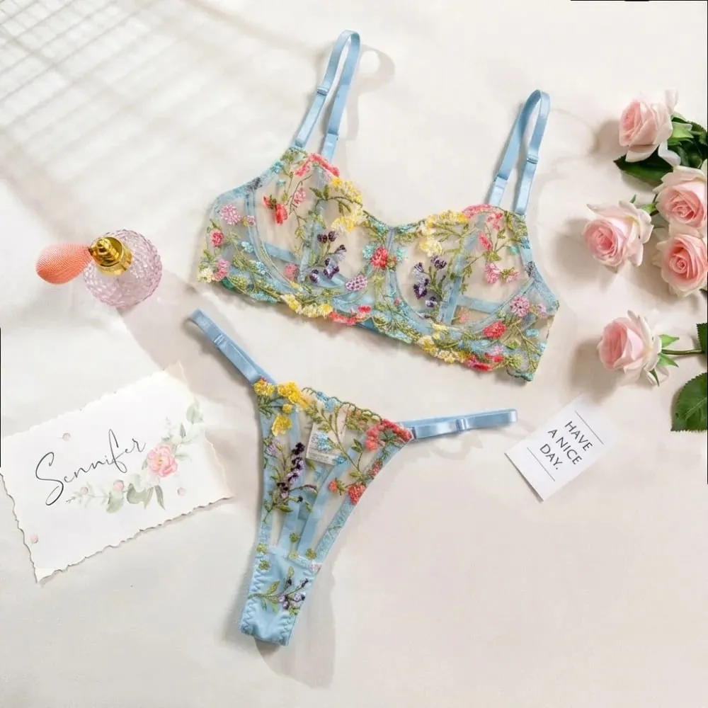 Conjunto de lingerie floral de 2 peças, roupa íntima transparente e versátil, íntima, bordado, sutiã push-up, conjunto de calcinha para mulheres e meninas — image 8