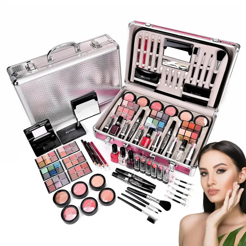 Caixa de maquiagem tudo em 1, 68 peças, paleta de sombra, pó, batom, rímel, lápis labial, pincel labial, blush, espelho