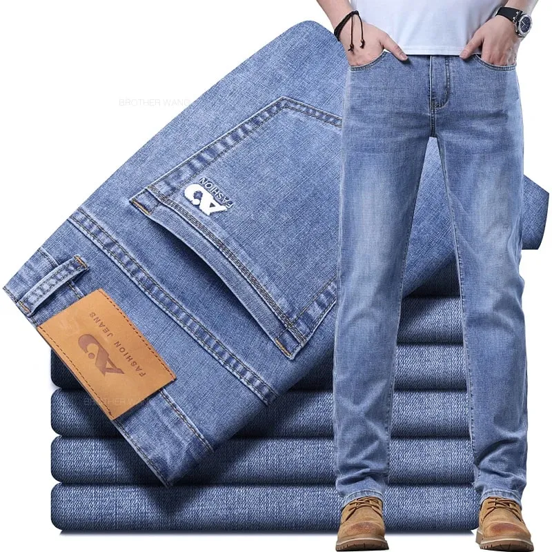 Primavera masculina luz azul magro jeans elegante casual estiramento tecido denim calças clássicas fumaça cinza