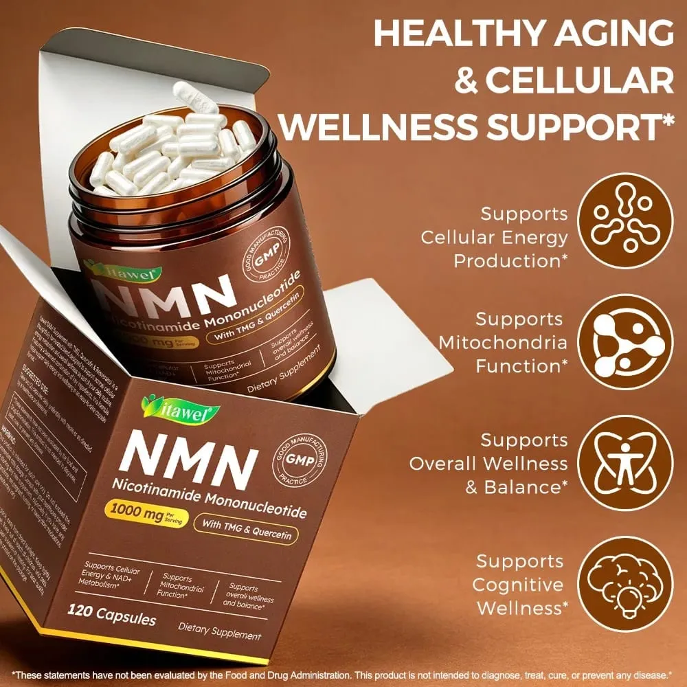NMN Cápsulas 1000mg Beta Nicotinamida Mononucleotídeo TMG Quercetina Resveratrol NAD+ Metabolismo Função Mitocondrial 120 Contagens