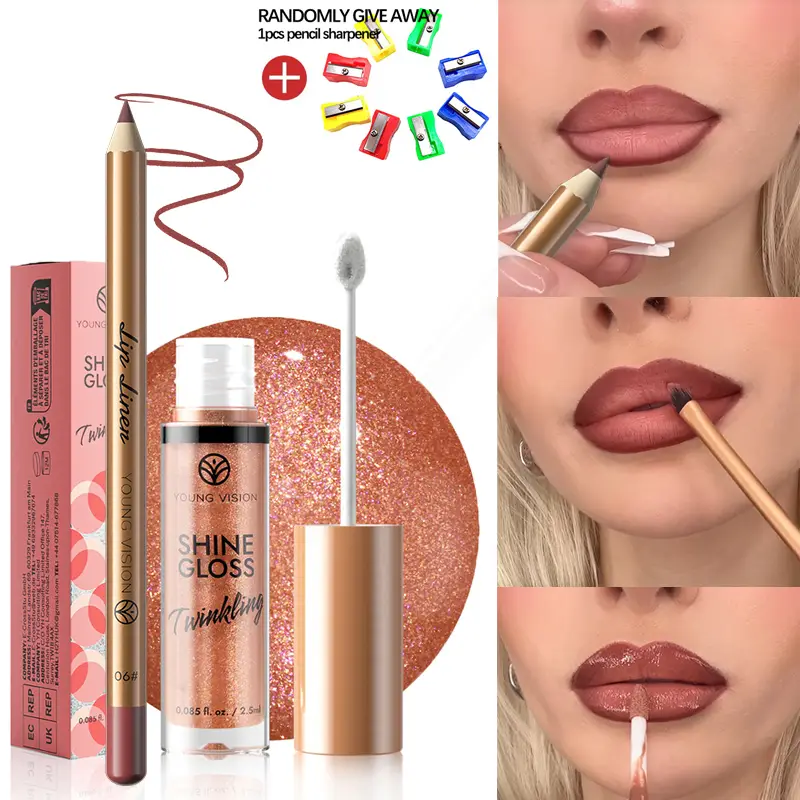 2pc Set Matte Lip Liner And Starry Glitter Lip Gloss Pearlescent Fine Shimmer Long-Lasting Hydration Non-Sticky Makeup