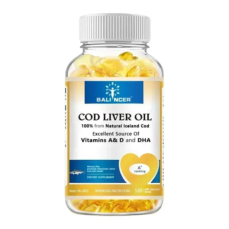 Cápsulas de óleo de fígado de bacalhau ricas em vitamina A D e DHA ajudam a manter a pele saudável, cérebro e ossos fortes e melhoram a memória