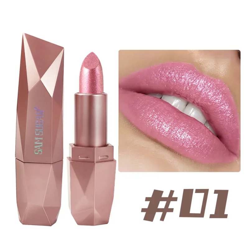 Batom com glitter diamante de longa duração, hidratante à prova d'água, altamente pigmentado, brilho metálico perolado, antiaderente